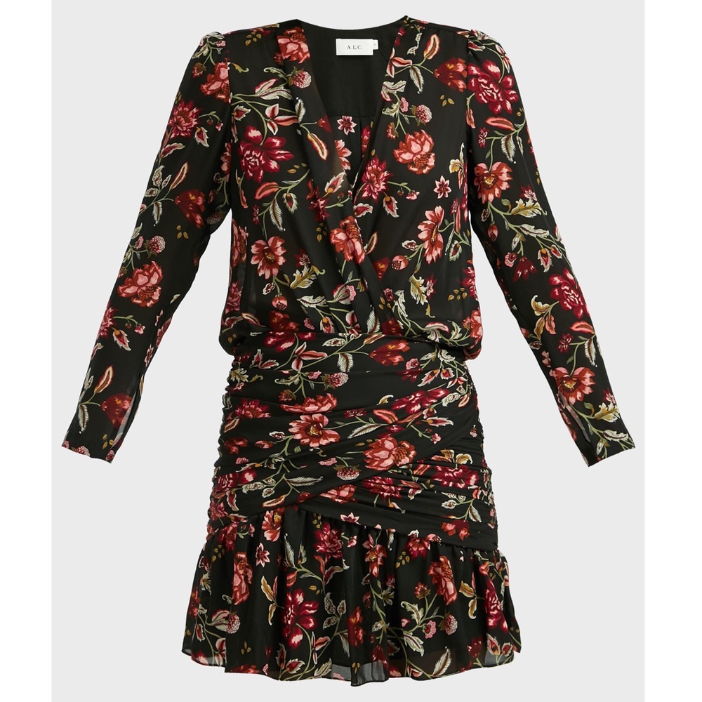 🆕 A.L.C. Haven Black & Red Floral Ruched Wrapped Silk Mini Dress *FLAWED*